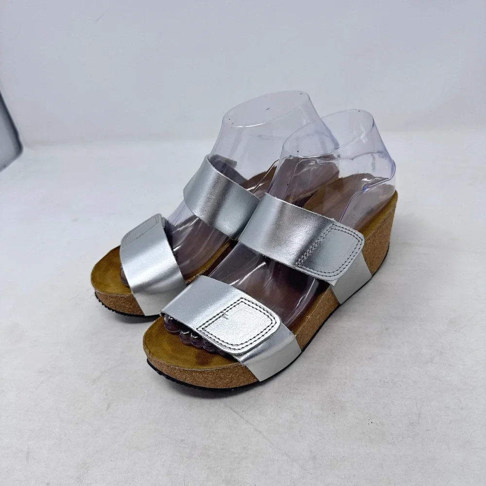 Eric Michael Wedge Sandals Silver 37 Metallic Cork Platform Boho Comfort